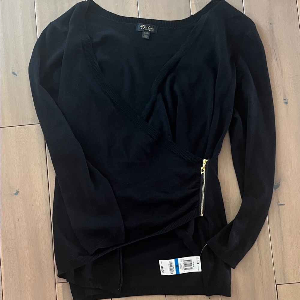 Thalia Sodi Black Long Sleeve Wrap Top with Gold Zipper Accent